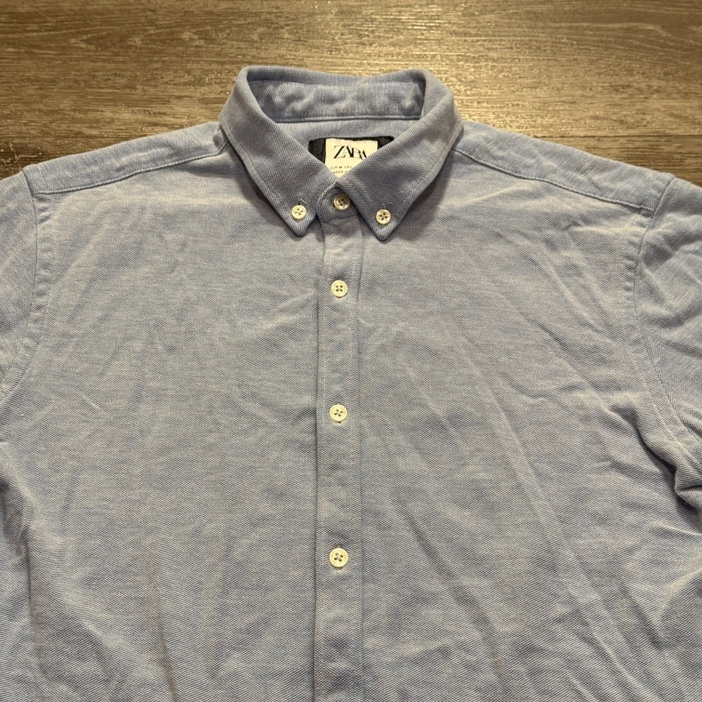 Zara Shirt Mens Medium Blue Short Sleeve Chambray Slim Fit Cotton Denim‎ Casual